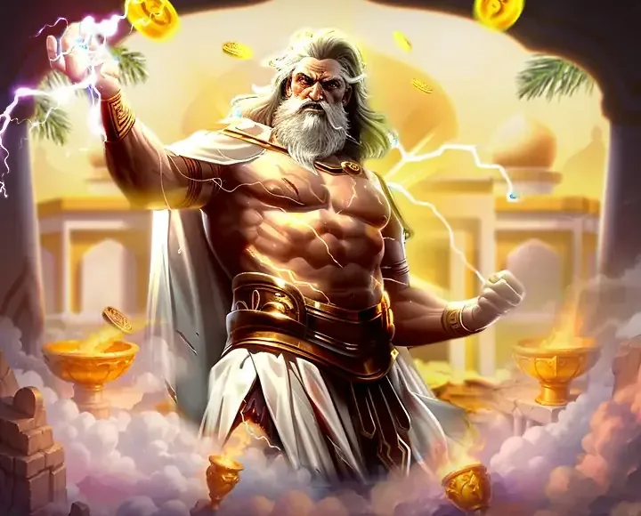 Artwork resmi baru01: Zeus berjanggut putih memegang petir di depan kuil emas, dikelilingi koin